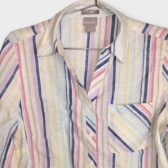 Chicos‎ Womens Top Sz 8 Linen Stripes 3/4 Sleeves Button Front Pocket Casual - Picture 3 of 10